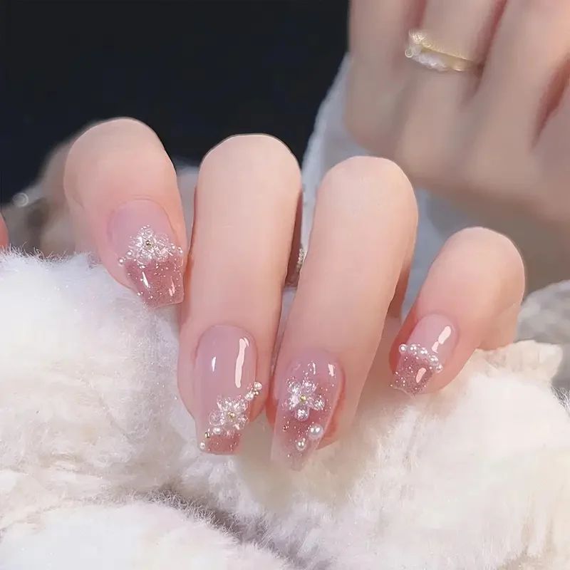 24PCS Pink Flower Pearl Setting Long Press on Nails 3D Flowers Pearl Pink Stick on False Nails for Fingernail DIY Decorations *^