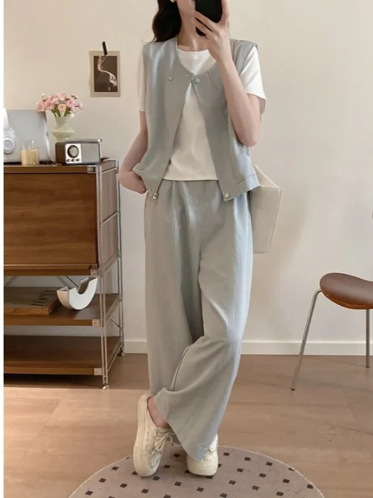 

plus Size Women's Fashion Three-Piece Set Summer Slimming Casual Shoulder Short Sleeve Tank Top American Loose Wide Leg Pants