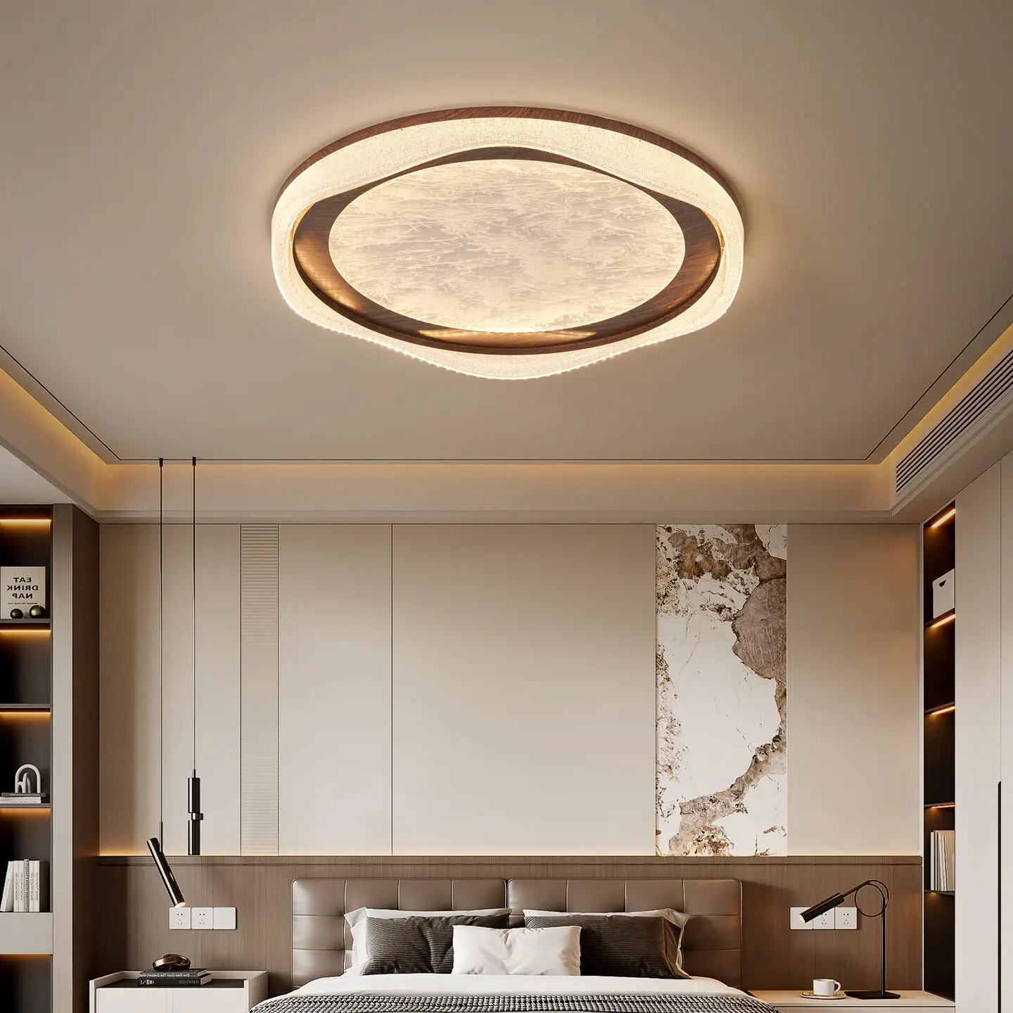 Full-spectrum Ceiling Lights Bedroom Mid-century Style Walnut Wood Grain LED Eye-friendly Lighting Bedroom Dining Room And Study