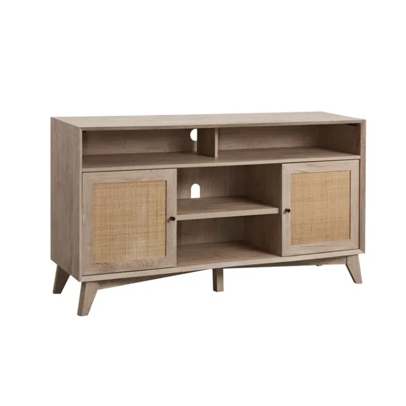 Solid wood TV cabinet, small apartment living room rattan door multi-functional locker