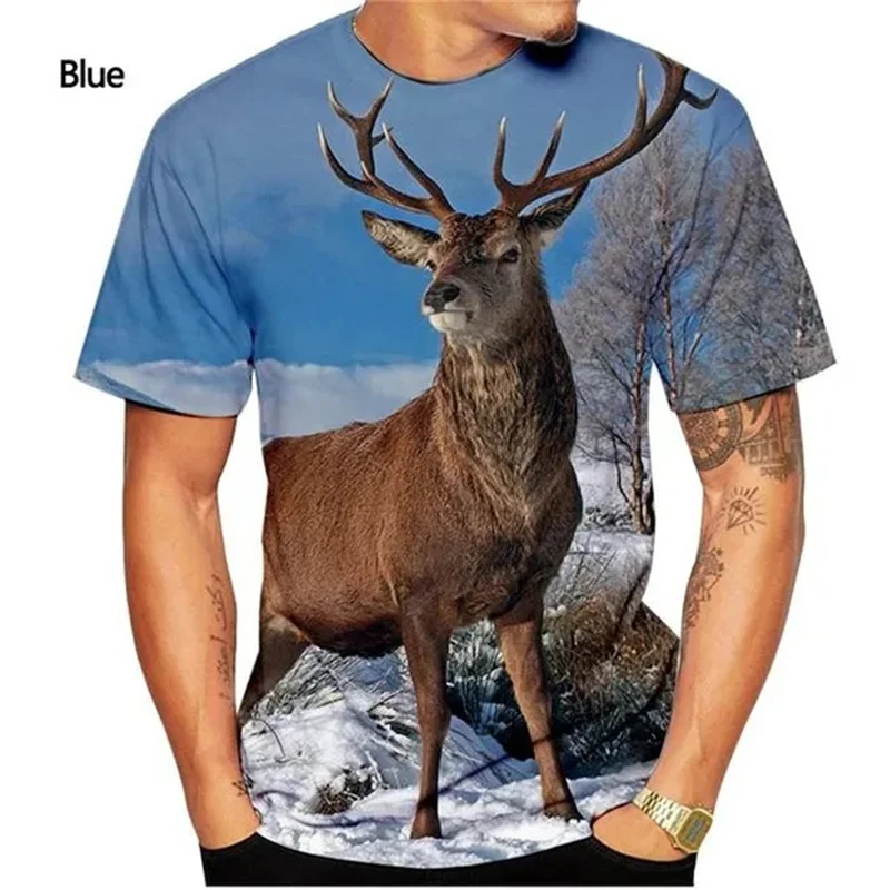 Animal Deer Graphic T Shirt for Men Clothes 3D Cervidae Printed T-shirt Tops Tees Harajuku Fashion Womens Clothing Short Sleeve