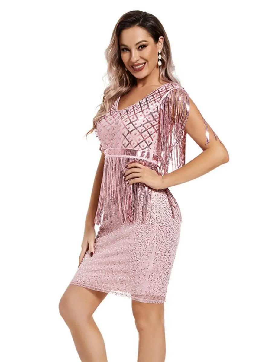 Sexy Retro Sequin Dr Tassel Trim Embroidered Gown Evening Par Ball Gown mid Waist Polyester Fabric Svel Bodycon Dr