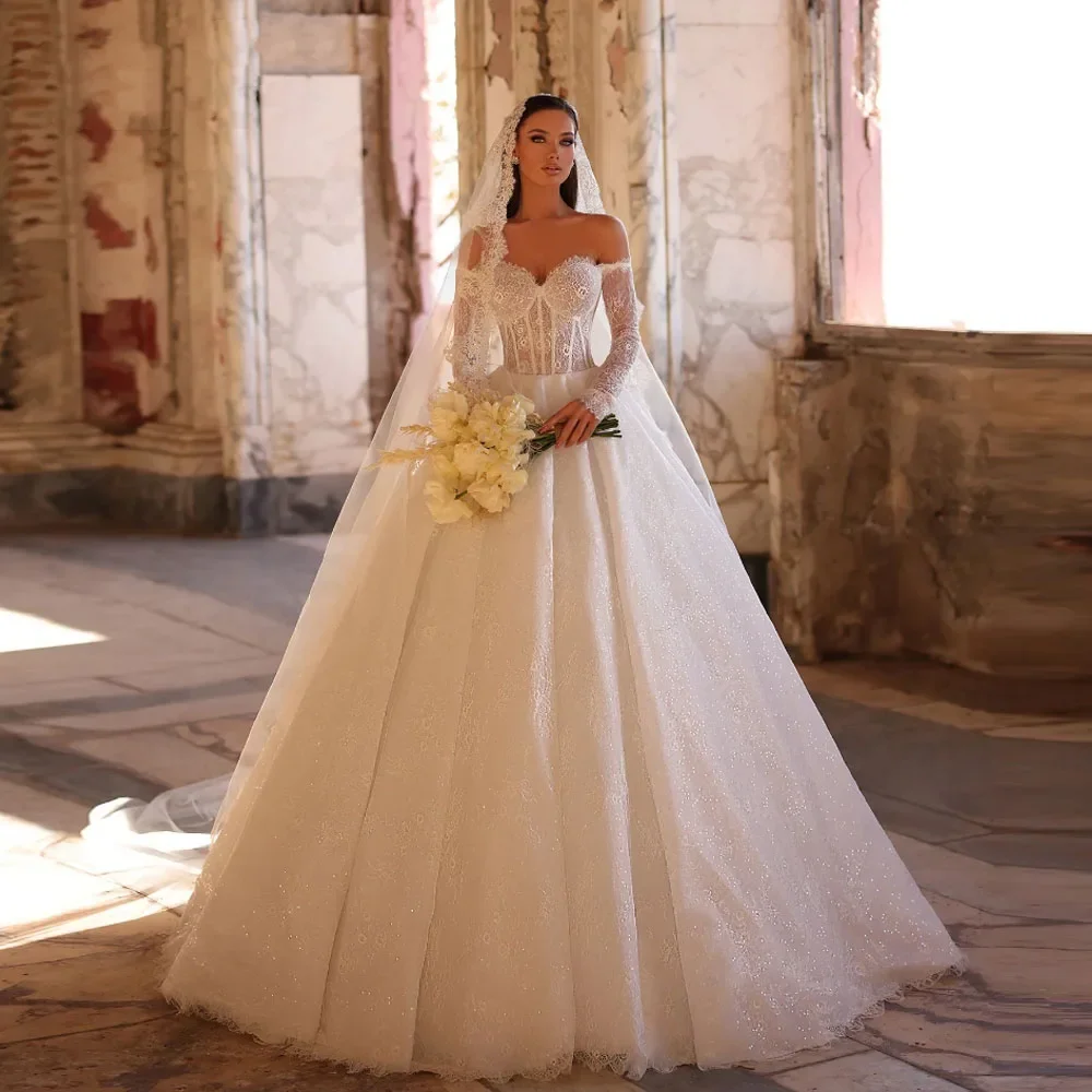 

Off The Shoulder A-Line Wedding Dresses Glitter Lace Embroidery Vintage long sleeves Brida Dress Vestidos De Novia Customized