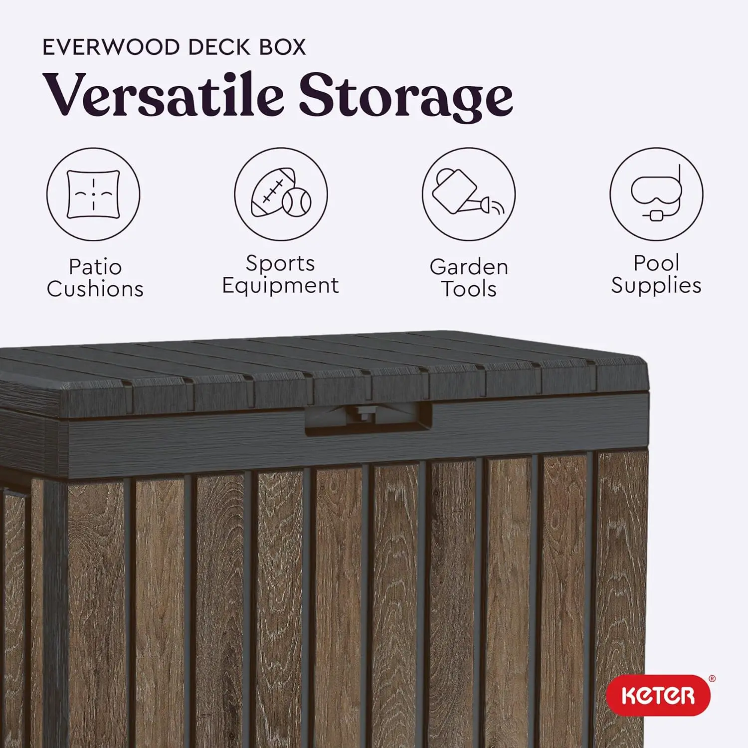 Outdoor Storage on Balcony & Patio, Walnut Resin Deck Box, Weather-Resistant for Cushions, Pillows & Tools