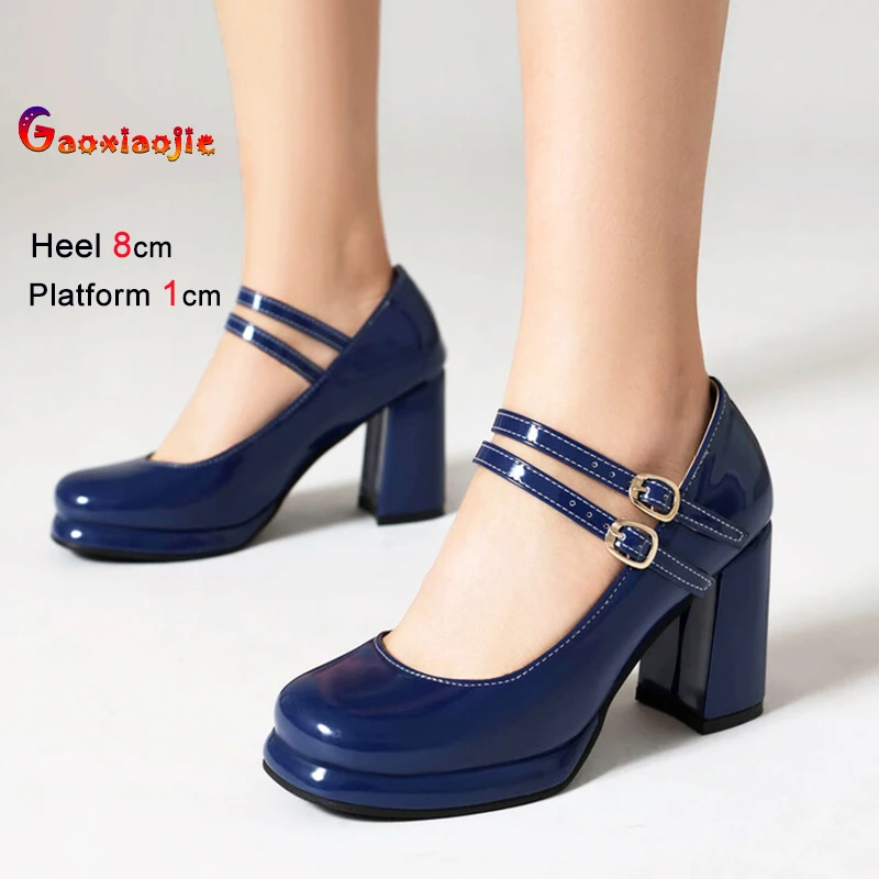 

Туфли Мэри Джейн с двойной пряжкой, женские туфли-лодочки на высоком квадратном каблуке 8C см в простом стиле, женские туфли-лодочки на толстой платформе, размер 35-44