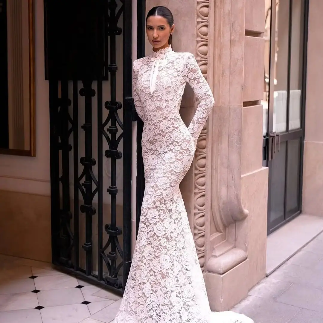 

MD Exquisite High Neck Lace Mermaid Wedding Dress Long Sleeve Zip Luxury Backless Floor-Length Vestidos De Novia Customized 2025