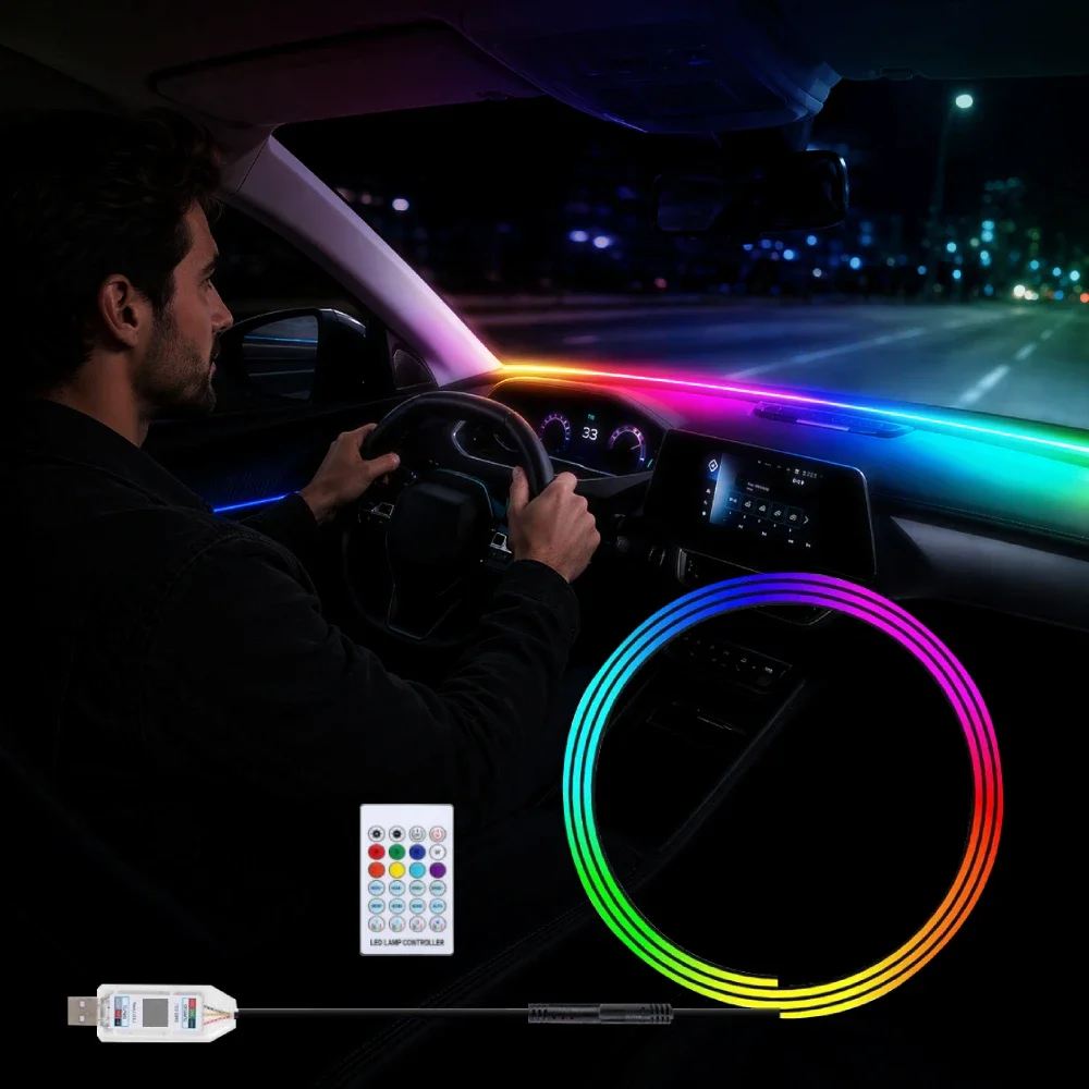 

Car Windshield Ambient Light Strip 59 inch RGB LED Remote App Music Sync USB Plug and Play Trim Bar Rubber Seal Gap Filler SUV