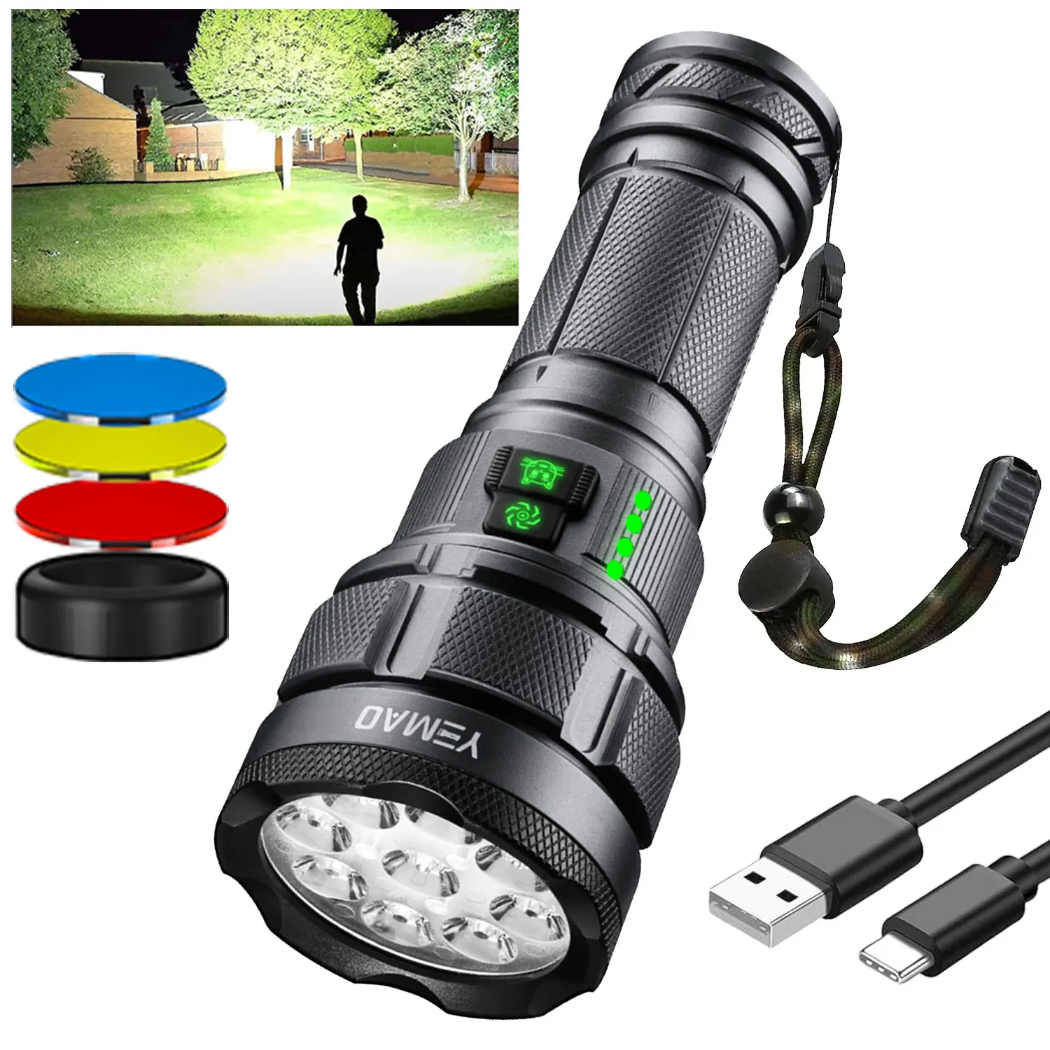 

Rechargeable Flashlights 6000Lumens,Super Bright LED Flashlight USB C,High Powerd Tricolor Lens Strong Flash Light for Emergency