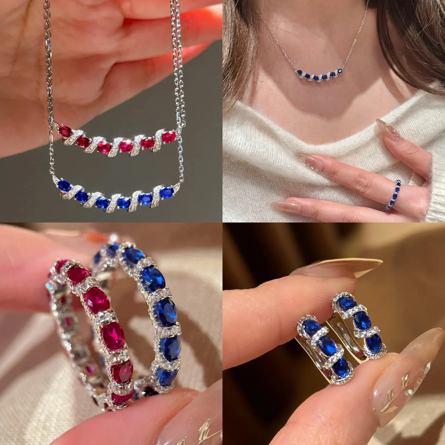Luxury 925 Sterling Silver Star Trail Pendant Necklace, Fashionable Blue and Red Diamond Rings,Earrings,Colored Gemstone Jewelry