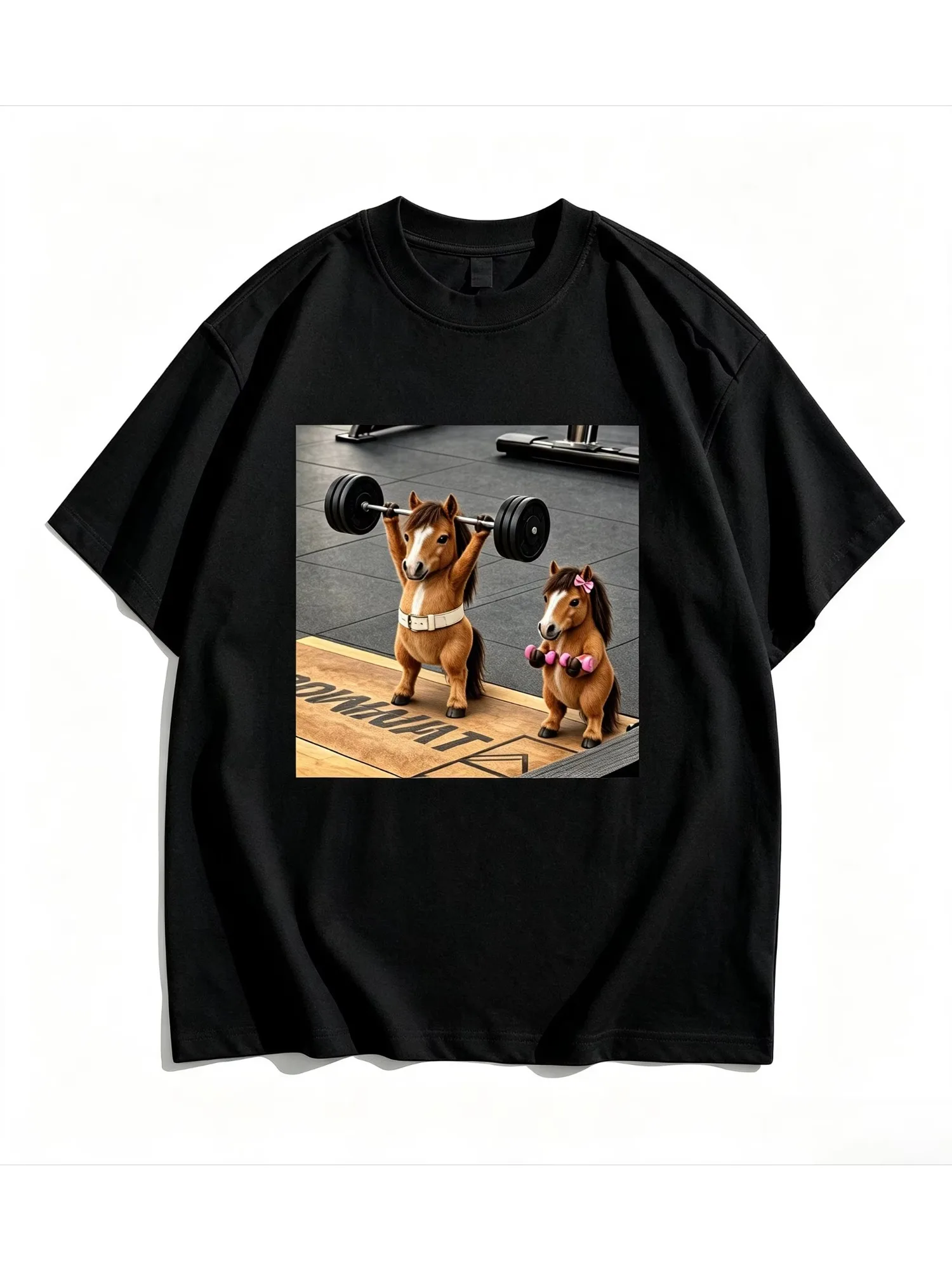 Men Women Cute Pony Fitness Dumbbell Workout Graphic T-shirt Trend Streetwear Printed Short Sleeve Tee Soft Cotton Daily Tops