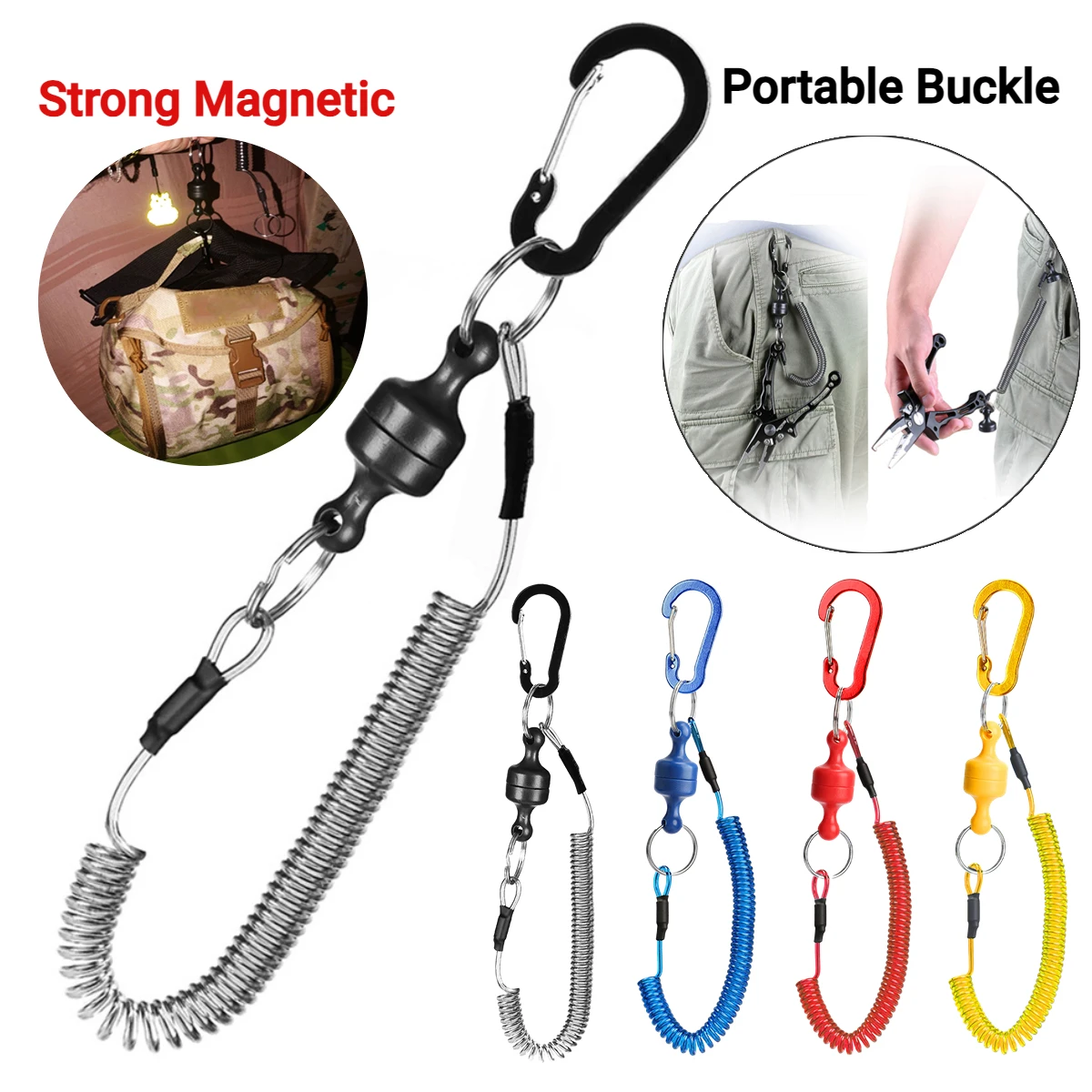 Strong Magnetic Quick Release Clip Net Holder with Fishing Coil Lanyard Anti Slip Safety Rope Portable Buckle Outdoor Carabiner