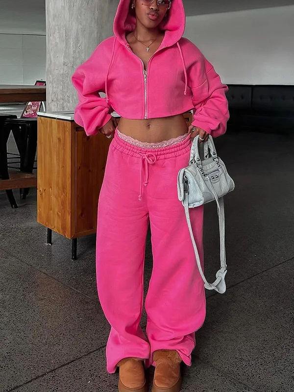 レディースカジュアルロングスリーブジッパーフーディクロップトップ＆パンツセット新作秋冬ファッション衣装サーマルポリエステル繊維