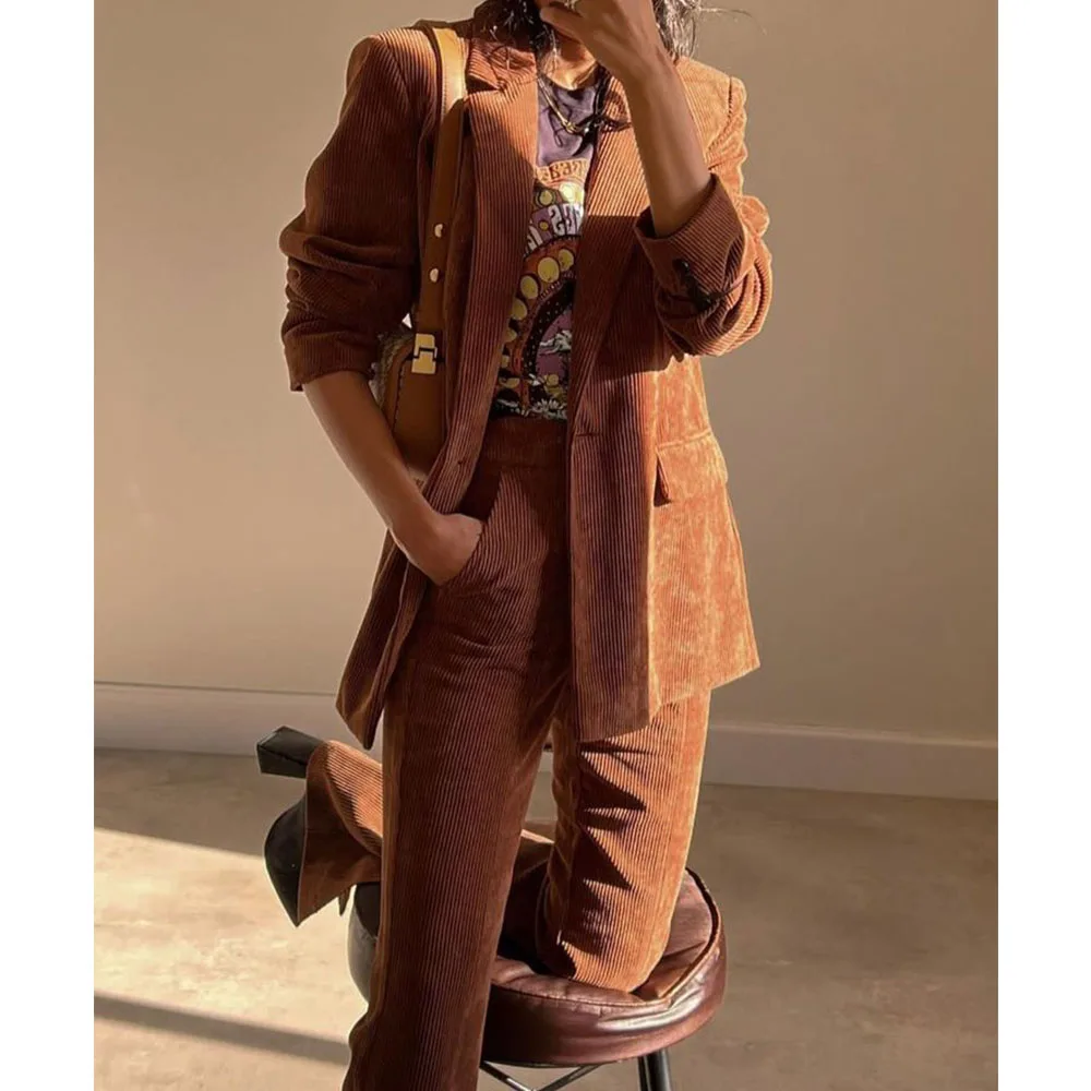 Women's Corduroy Suit Two-piece Single-breasted Jacket Trouser Suit Casual Fashion Suit Elegant and Comfortable Commuting Wear