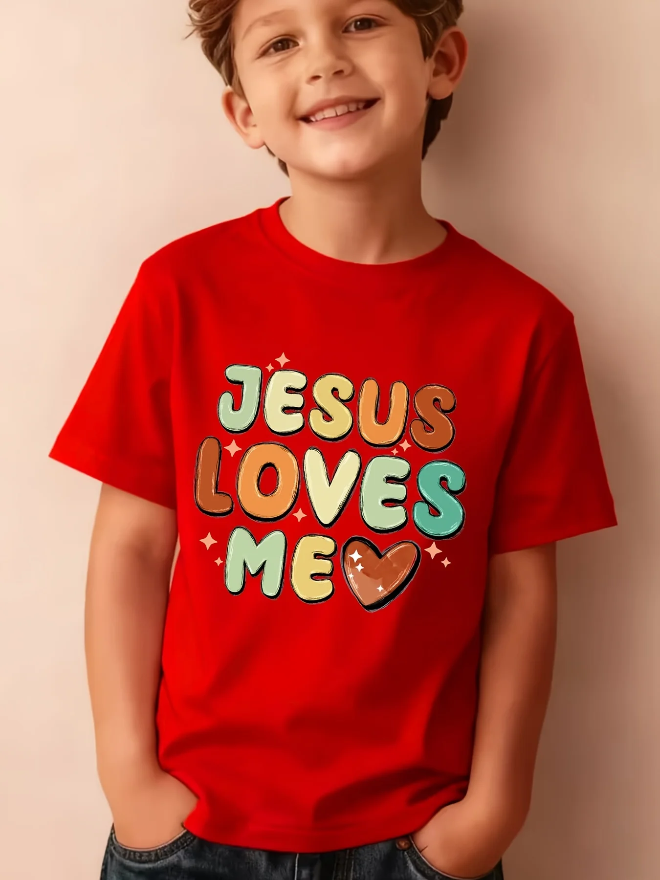 Jesus Loves Me Retro Color Letter Heart Print Boys Girls Family Tee Soft Kids Parent Short Sleeve Daily Casual Comfort T Shirt