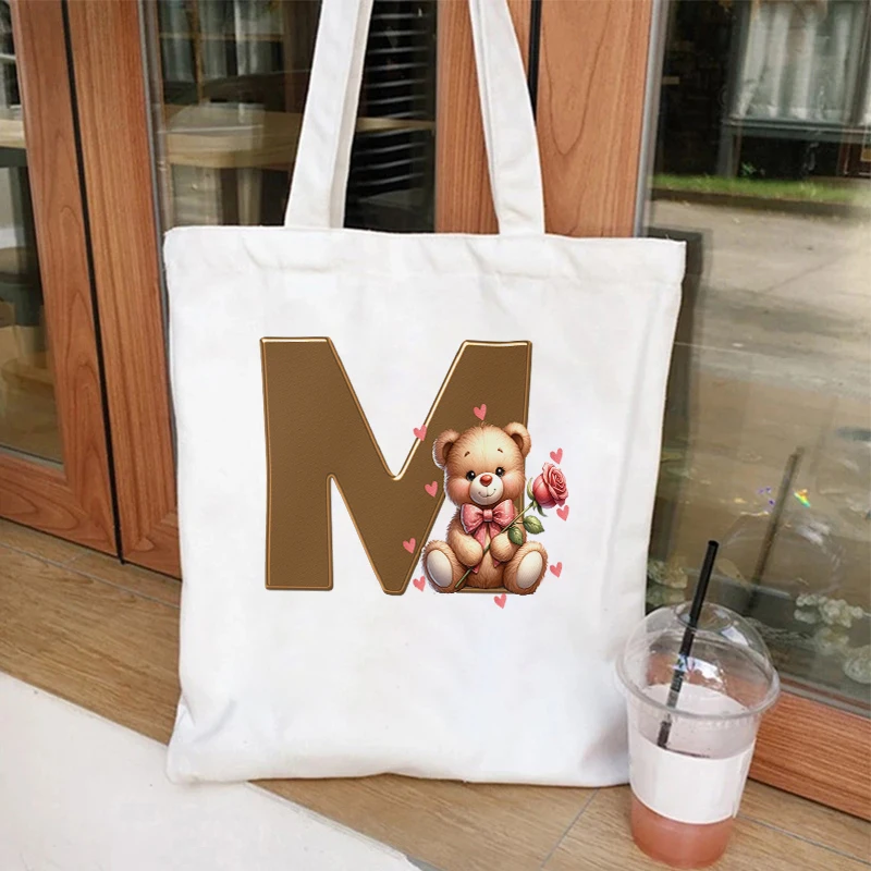 Torebki damskie Bacherlette Party Kawaii Bear Flower 26. Alphabet Tote Bags Shopping Bag Canvas Girls Tote Bags Shoulder Bag