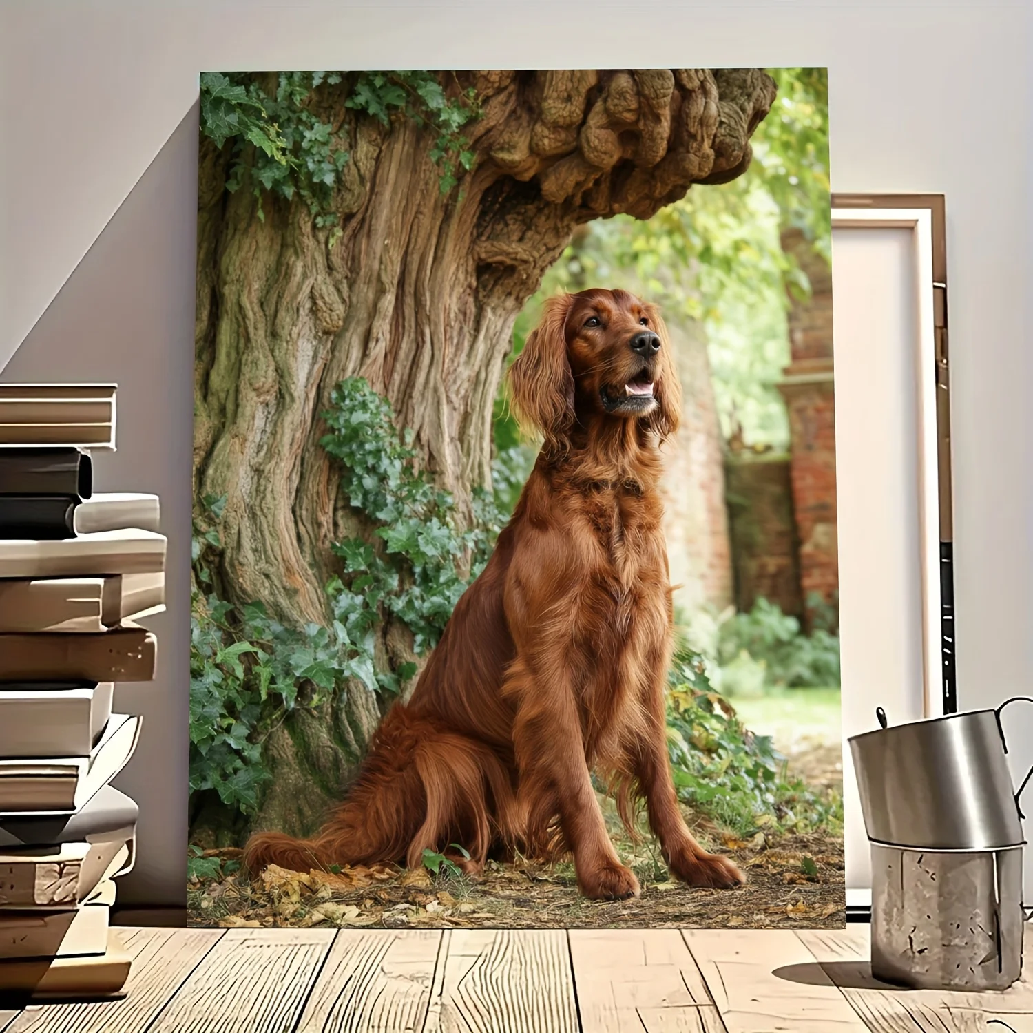 2D Flat, 1pcIrish Setter Dog - Brown Irish Setter in Estate Garden with Ancient Oak Tree,Frameless Animal Canvas Painting