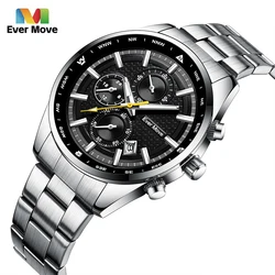 Ever Move Men’s Watches Business Chronograph Dual Time Wristwatches Luminous Waterproof Stainless Steel Clock Relogio Masculino