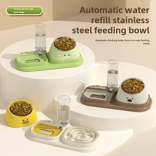 스테인레스 스틸 더블 보울 보호 애완 동물 사발, 경추 고양이 사발, 경사 슬로우 푸드 자동 식수대, 3 인 1