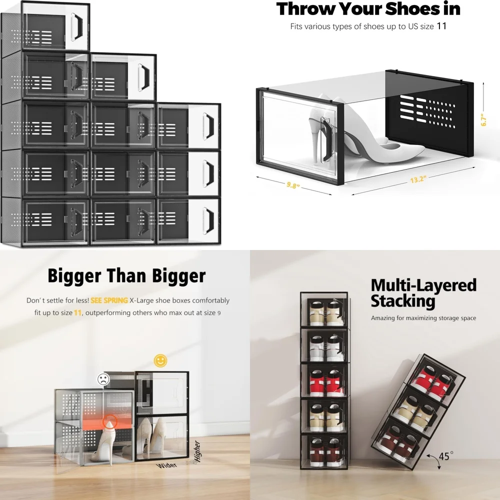 

Shoe rack12 Pack Shoe Storage Boxes for Size 11 Clear Plastic Stackable Shoe Organizers Black Closet Storage Solutions with