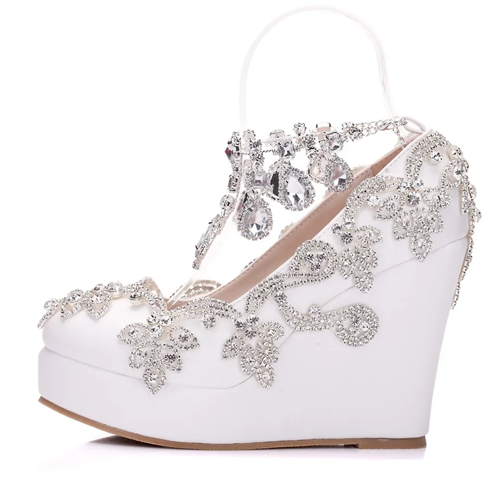 Rhinestone Bride Wedding Shoes Woman Ankle Strap Wedges High Platform Pumps High Heels Party Rhinestone Round Toe Wedges 11 CM