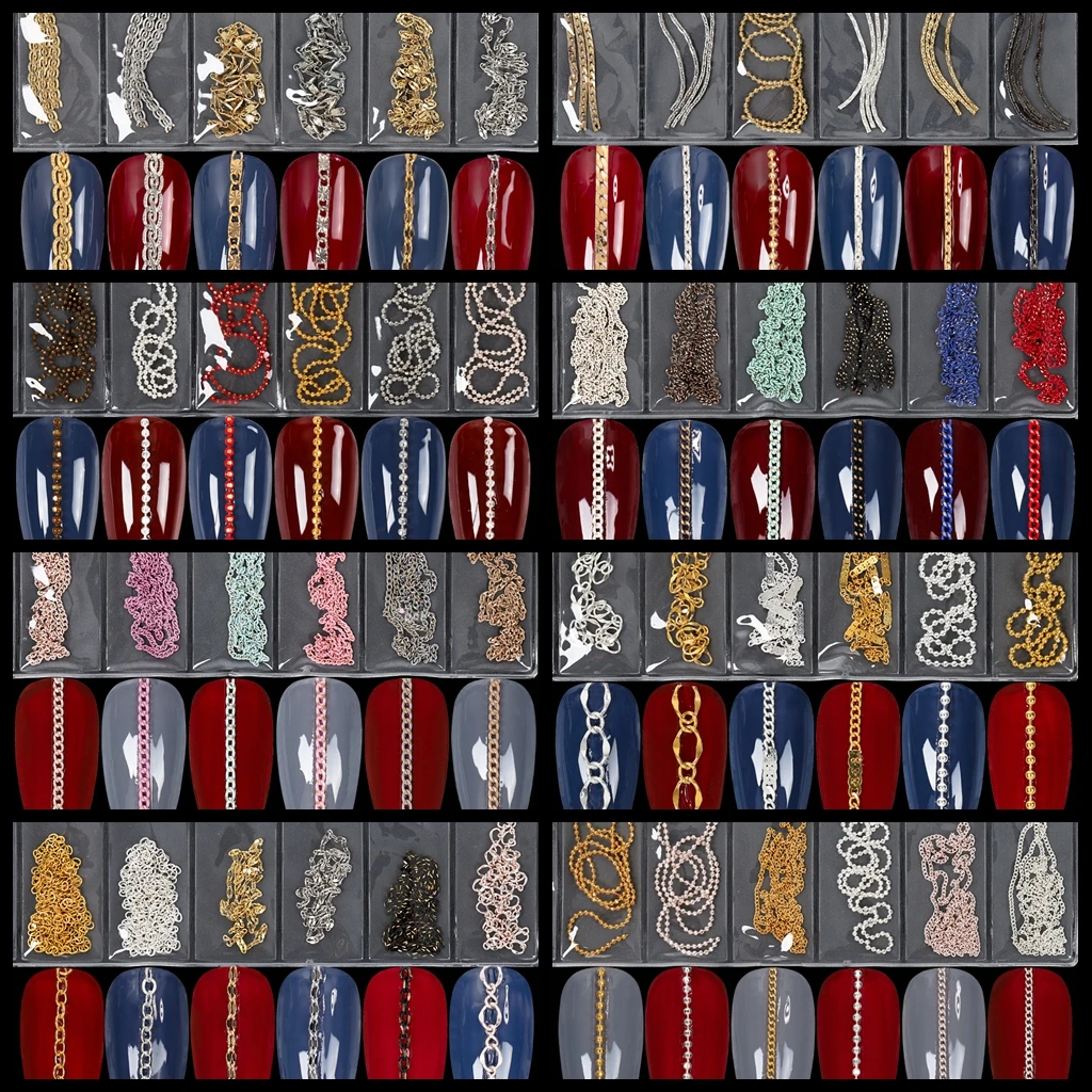 1 Pack 6 Grids 3D Pearl Claw Chain Various Metal Ring Buckles Chains Alloy Nail Art Rhinestone Decorations Manicure Ornaments