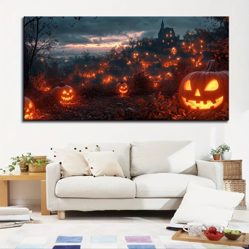 Halloween home decor, dark blue Ghost Castle canvas mural, jack-o '-lanterns with spooky smiles and bats flying in the moonlight