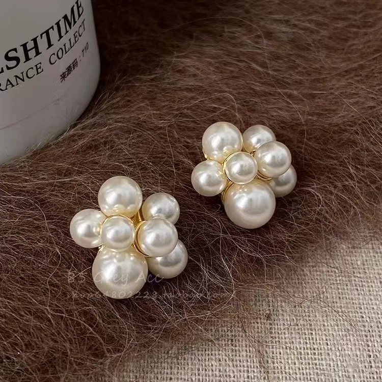 Imitation Pearl Flower Balloon Shaped 925 Silver Neddle Stud Earrings for Women Korean Simple Geometry Jewelry Brincos Girl Gift