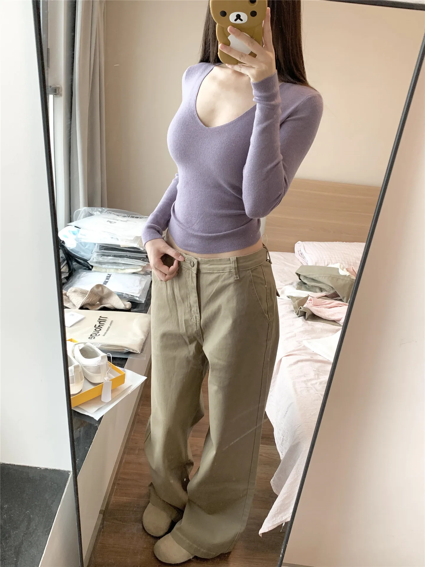 

American Vintage Khaki Straight Leg Jeans Women's Spring Slimming Long Tall Low Waist Pants Soft Cotton Low Waist Jeans