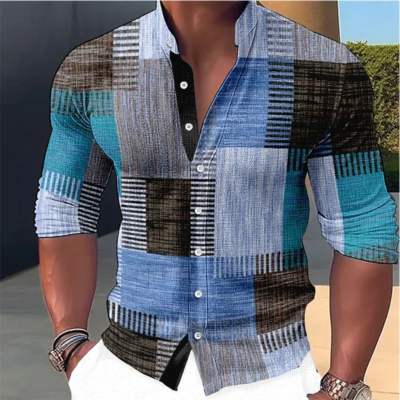 2024New Men\'s Retro Patchwork Shirt Gradient Stand Up Collar Outdoor Street Long Sleeved Button Casual Breathable Shirt XS-6XL