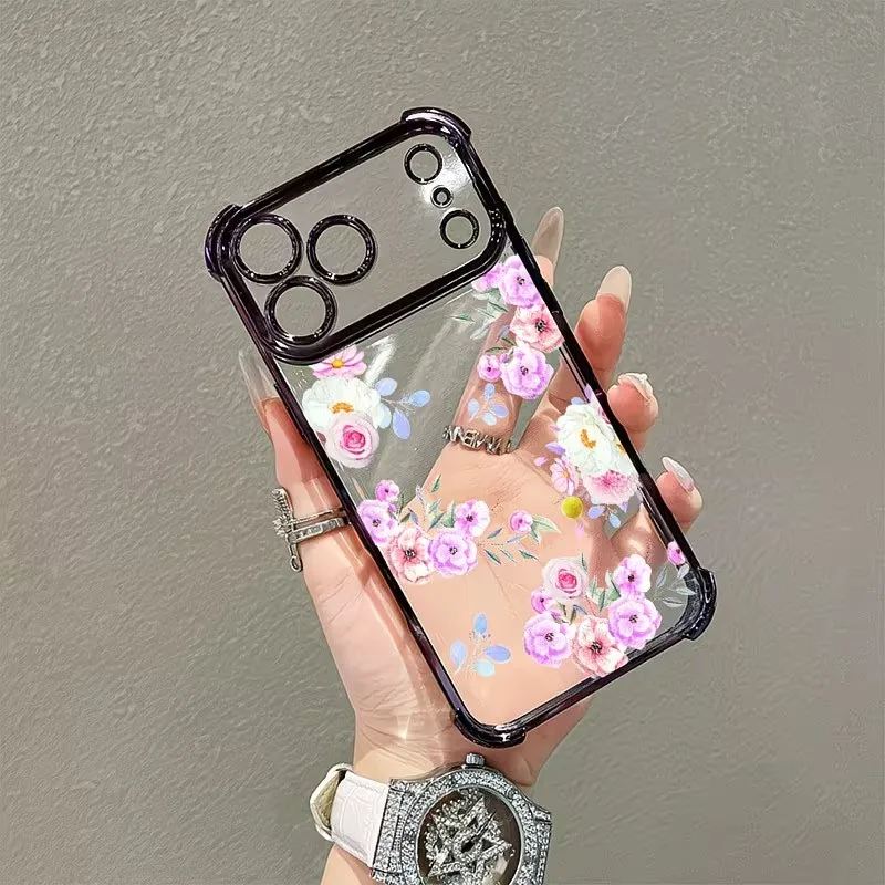 Simple Creative Floral Phone Case For iPhone 17 16 15 14 13 12 11 Pro Max Plus Air 17e 16e Plating Airbag Protection Cover - view 5