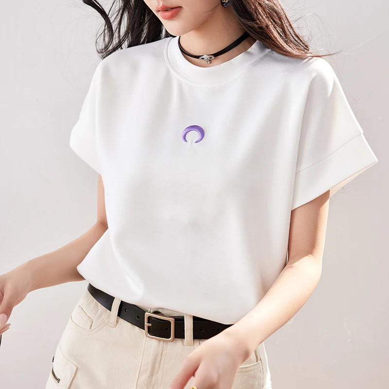 

High Quality Women Summer White T-Shirts Short Sleeve Loose Casual Embroidered Moon Tees Designer Chic Girls T-Shirts Korean