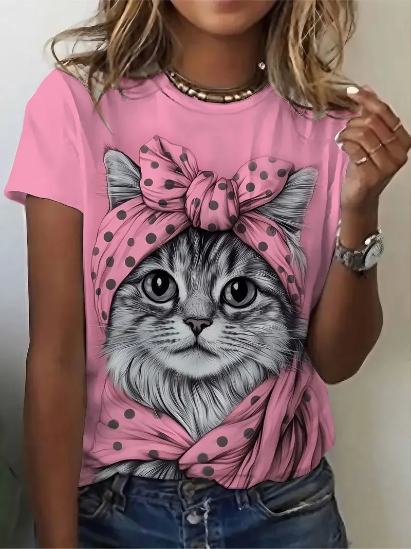 

Women's cat printed polka dot headscarf printed women's short sleeved T-shirt fashionable summer casual plus size women clothing