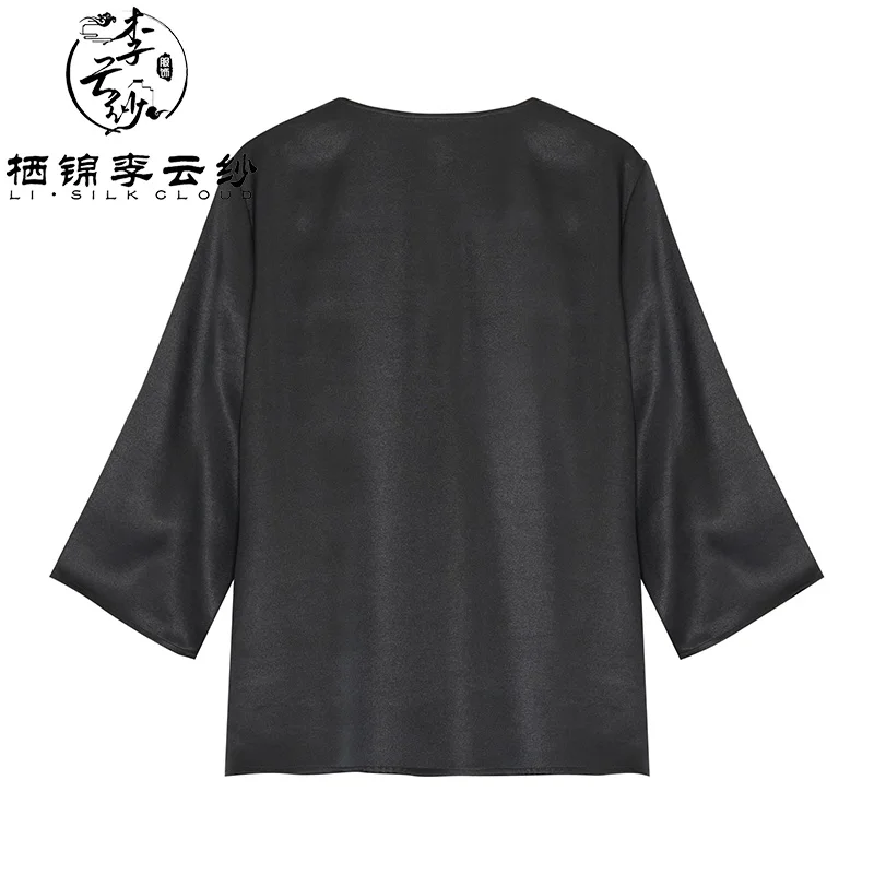 LI SILK CLOUD xiangyunsha Stand-Collar Short Sleeve Top Ancient Style Oriental Patterns Guangdong Black Pearl  Guangdong Gauze