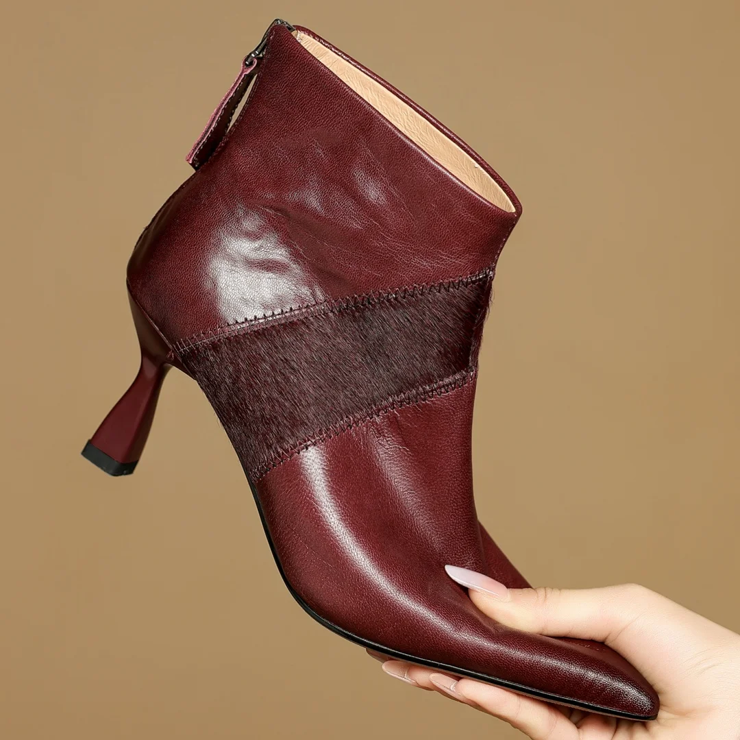 

Женские осенние ботильоны из овчины из конского волоса в стиле пэчворк с острым носком и молнией сзади, элегантные женские короткие ботильоны на тонком высоком каблуке 7 см 40