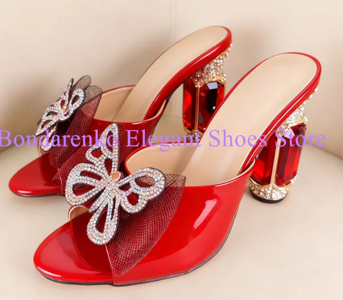 Crystal Butterfly-knot Lady Sandals Shoes Fashion Crystal Heel Woman High Heels Slippers Sandals New Party Dress Shoes