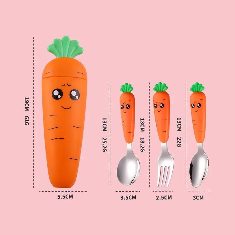 Baby Feeding Utensils Cartoon Carrot Fork Spoon Children Cutlery Set Children\'s Eating Cutlery Kitchen Gadgets Fork Teaspoon Box