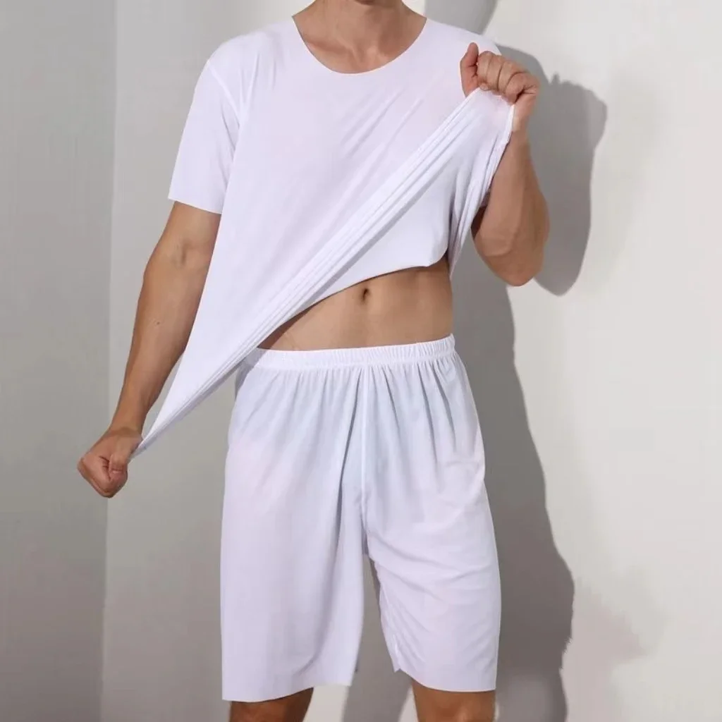 Men's two-piece ice silk pajamas Loungewear men's Plus Size Pajamas Home Set Men's summer thin modal short sleeve pajamas