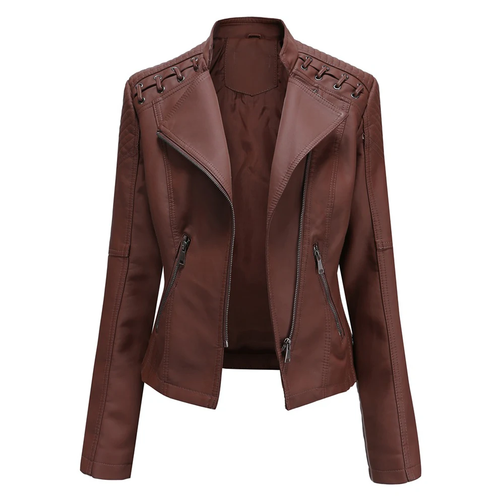 PU Leather Motorcycle Jacket Chaqueta Moto Women Moto Motocross Riding Jacket Standing Neck Zipper Casual Slim Fitting Jacket