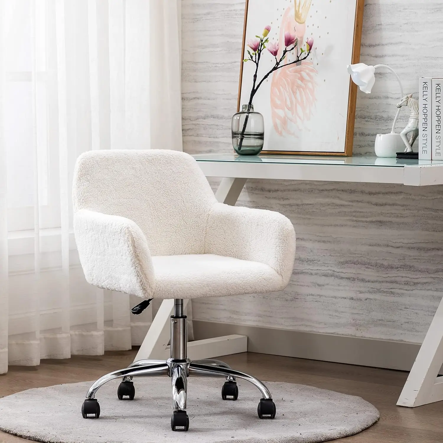 Faux Fur Vanity Makeup Desk Chair, Comfy Fluffy Swivel Modern Leisure Armchair with Wheels, Upholstered Fuzzy Height