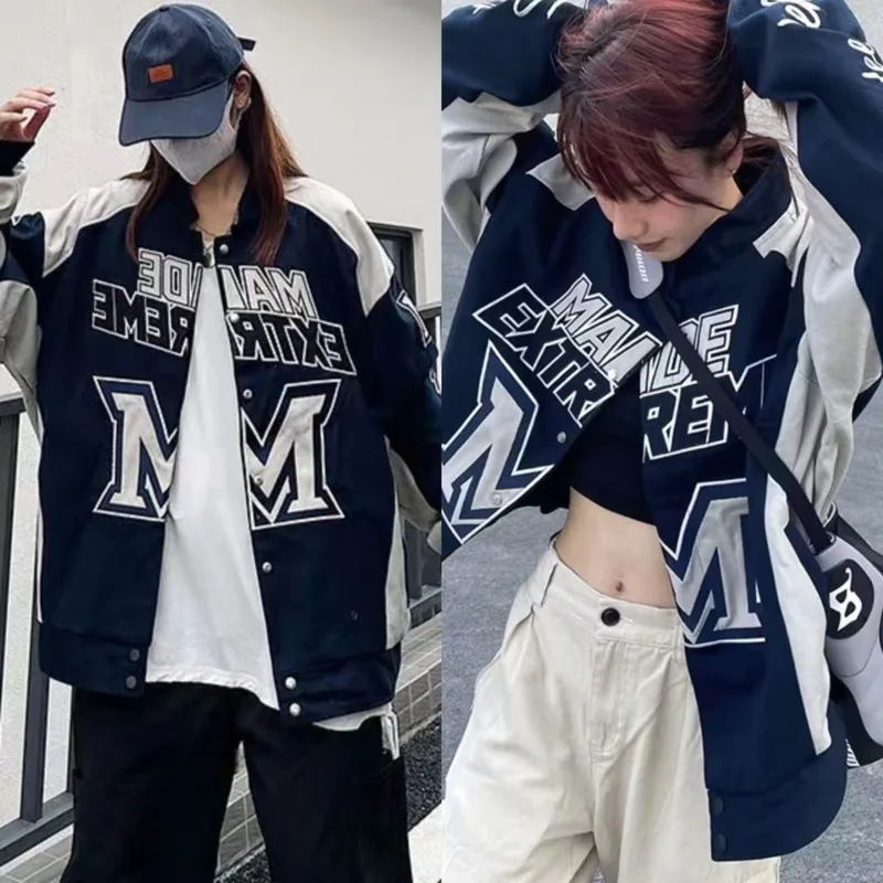 

Embroidery Jacket Retro Street High Street Heavy Industry Racing Motorcycle Jacket Retro Color Block Letters Chic Loose Coat New