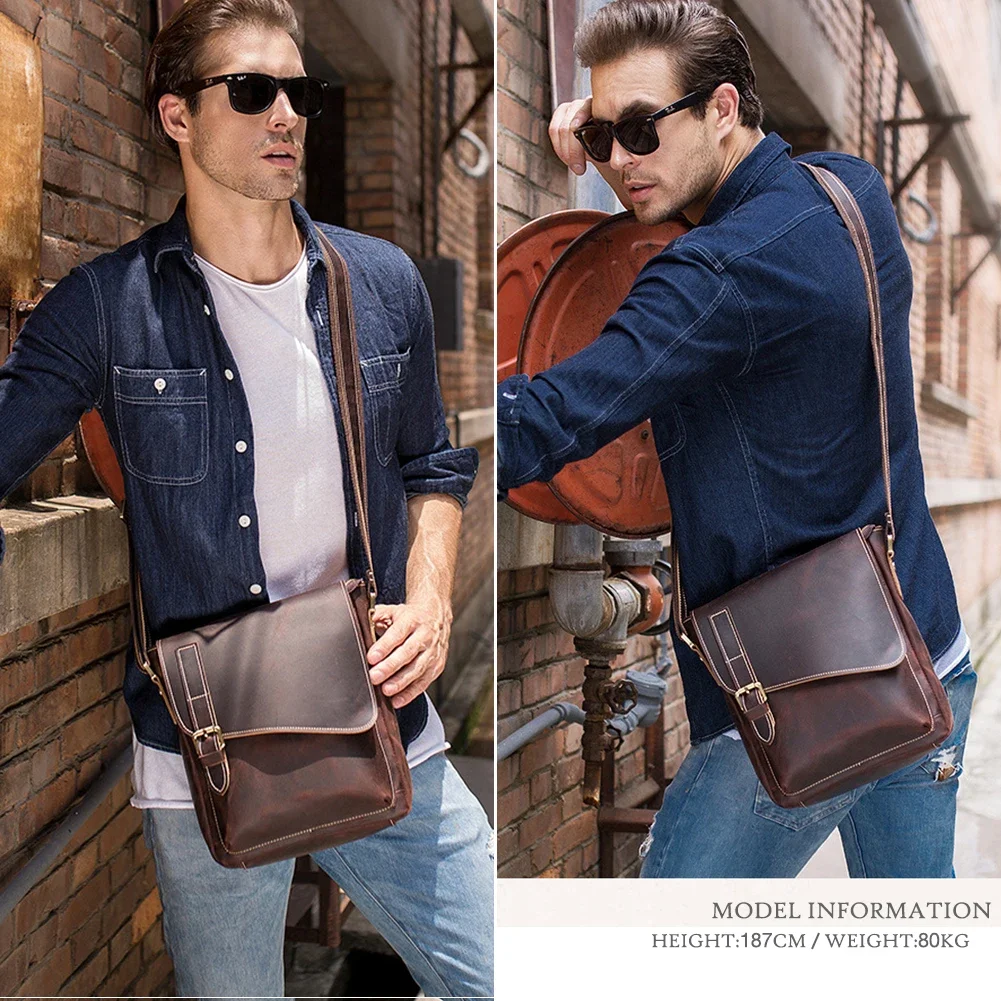 High Quality Vintage Design Cowhide Crazy Horse Genuine Leather Crossbody Satchel Bag Real  Men Messenger Cross Body 