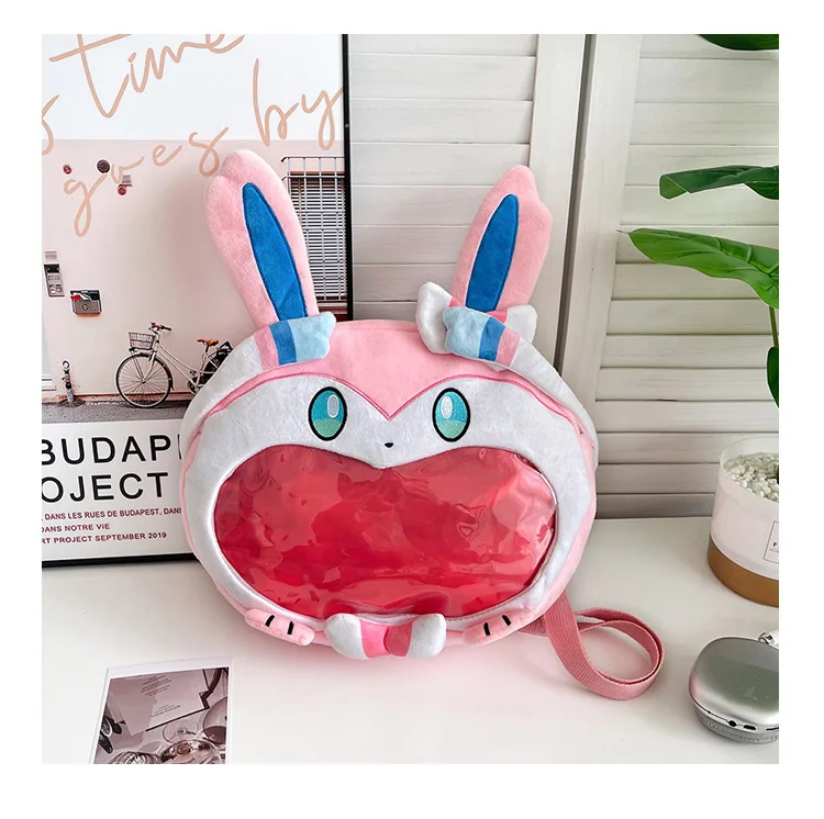 Lovely Sylveon Pink Plush Ita Backpack Clear Window Pin Badge Card Display Adjustable Strap Anime Shoulder Bag for Fans Gift view 2