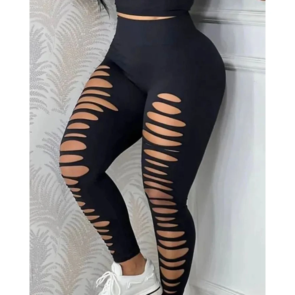 Women\'s Sleeveless Tank Top and High Waist Pants Set, Skinny Black Two Pieces Suit Sets, Sexy Ladder Hollow Out, Summer