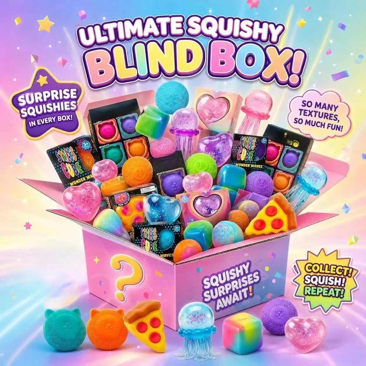 100+Pcs Assorted Squishy Figures Blind Box Slow Rising Soft Fidget Toys Moai Head Panda Rabbit Stress Relief Toy for Kids Adults