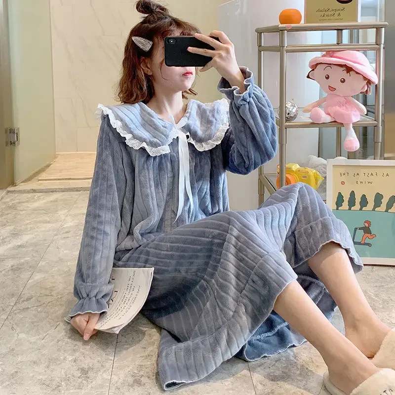 Fleece Women Nightgown Korean Ruffles Sleepwear Winter Night Dress Knee Length One Piece Pajamas Peter Pan Collar Warm Home Wear