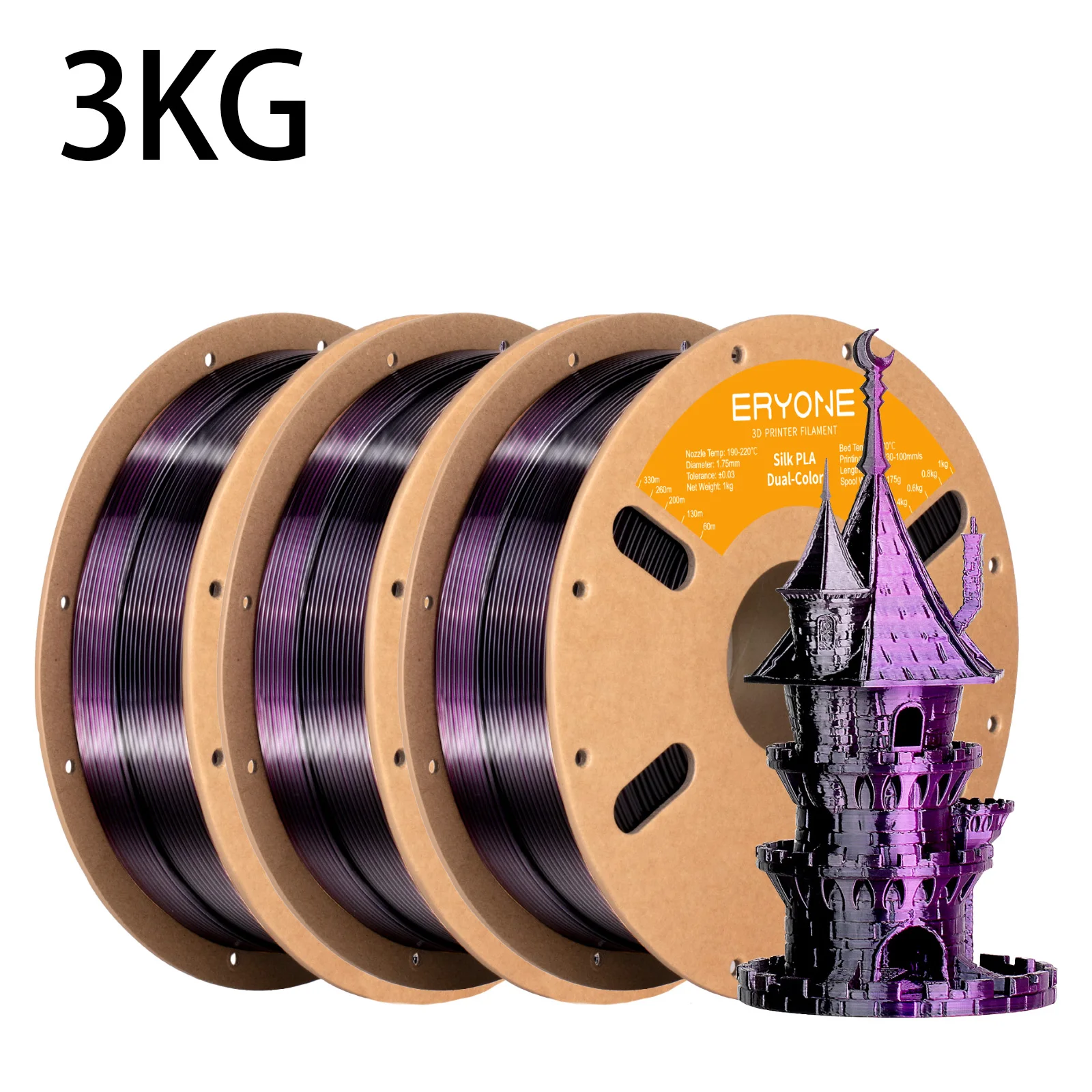 ERYONE 3KG PLA Dual Color Silk PLA Filament Compatibel met FDM 3D-printers 1KG 1,75 mm ±0,03 mm Perfecte spoelwikkeling 1kg spoel