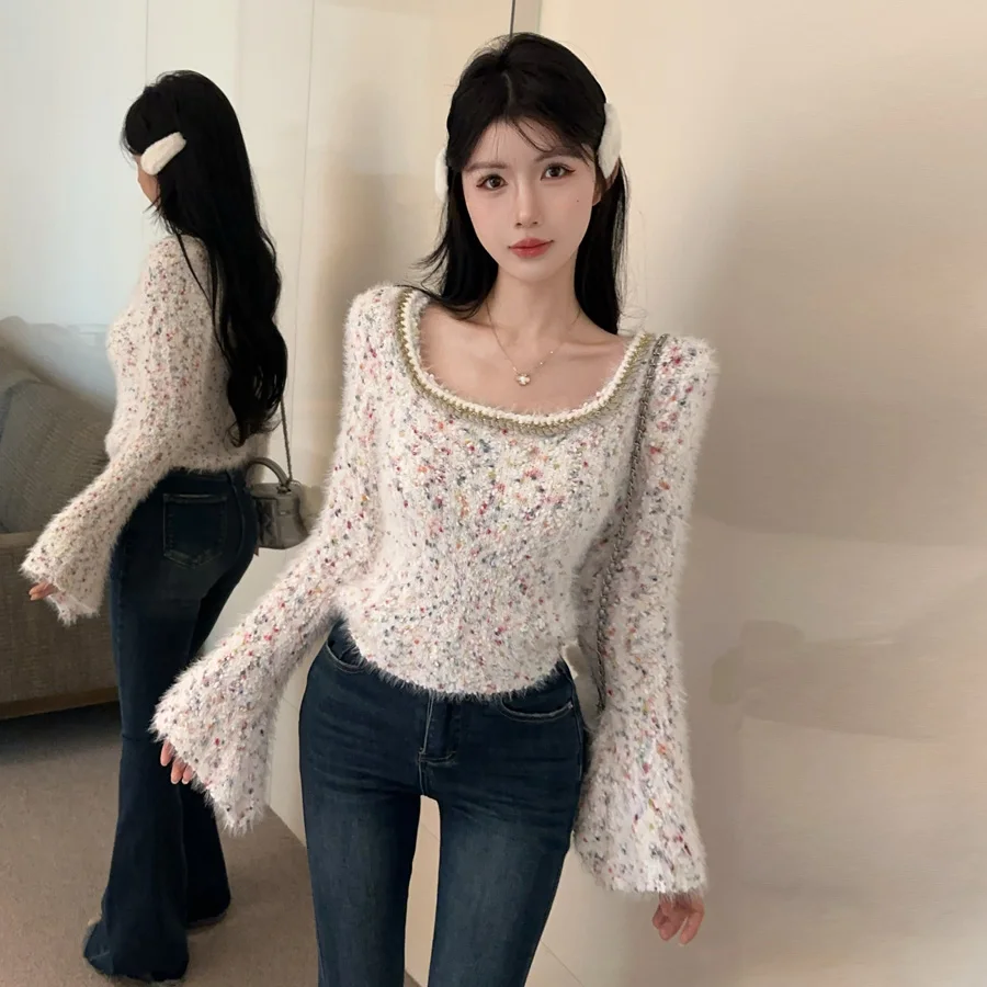 

Soft Korean Sle Women's round Ne Bell Sve Base irt Warm Gentle Knitted Sweater Spicy Girl Boting Top Polyester