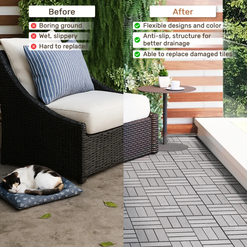 

30 PCS Interlocking Deck Tiles Checker Pattern, 12" x 12" Square Light Gray Acacia Hardwood Outdoor Flooring for Patio, Banco