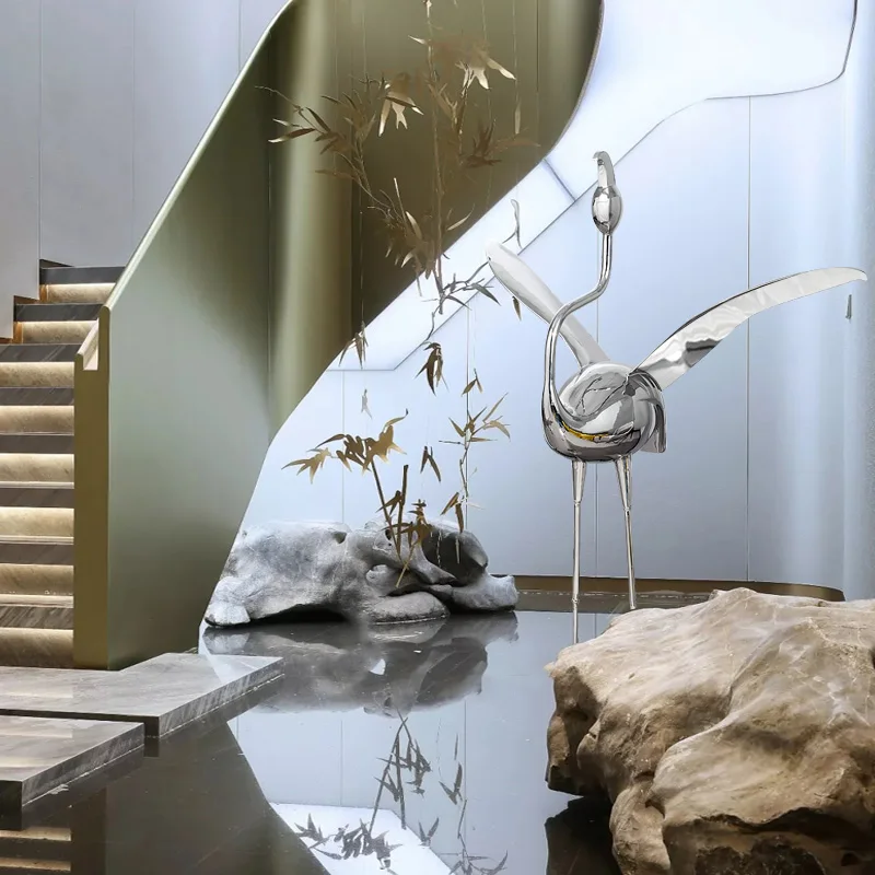 Modern creative abstract crane sculpture. Garden landscape pool garden decorative art.