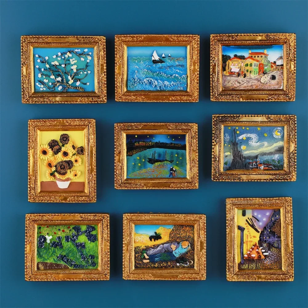 World Famous Painting Picture Frame 3d Fridge Magnets Starry Sky Sunflower Siesta Refrigerator Stickers Gifts Decorative Magnet